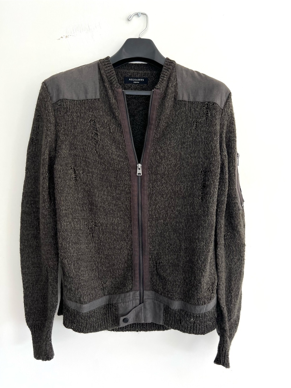 ALLSAINTS Dark Gray Knit Distressed Cardigan Military Zip Up Sweater Sz M